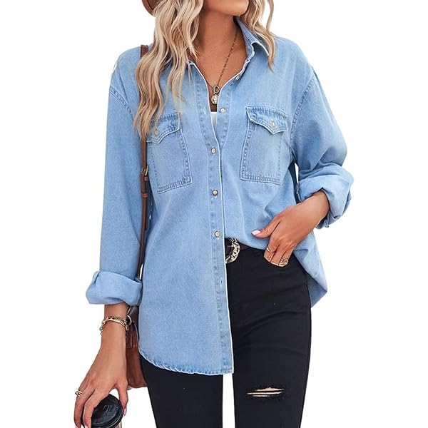 Women 2025 Button Down Denim Shirts Casual Long Sleeve V